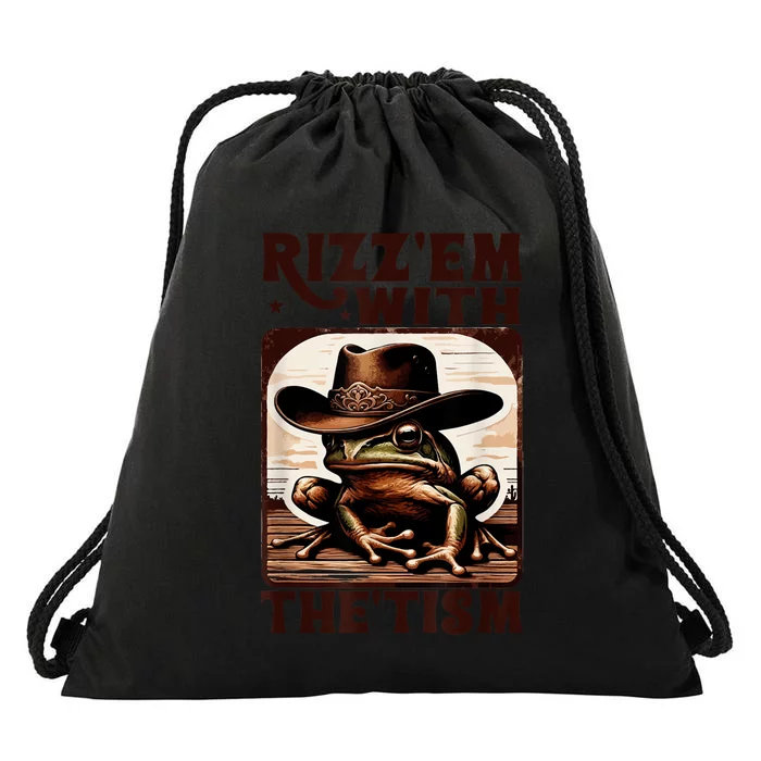 Autism Funny Rizz Em With The Tism Meme Autistic Frog Cowboy Drawstring Bag