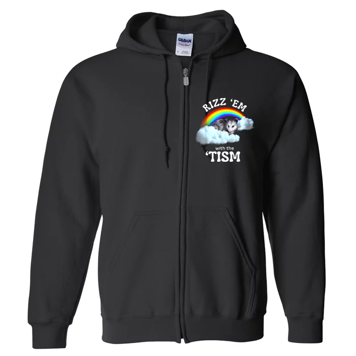 Autism Funny Rizz Em With The Tism Meme Autistic Opossum Full Zip Hoodie