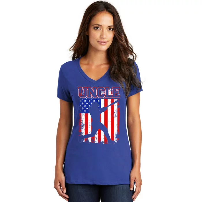 American Flag Retro Baseball Uncle Funny Fathers Day Cool Gift Women's V-Neck T-Shirt