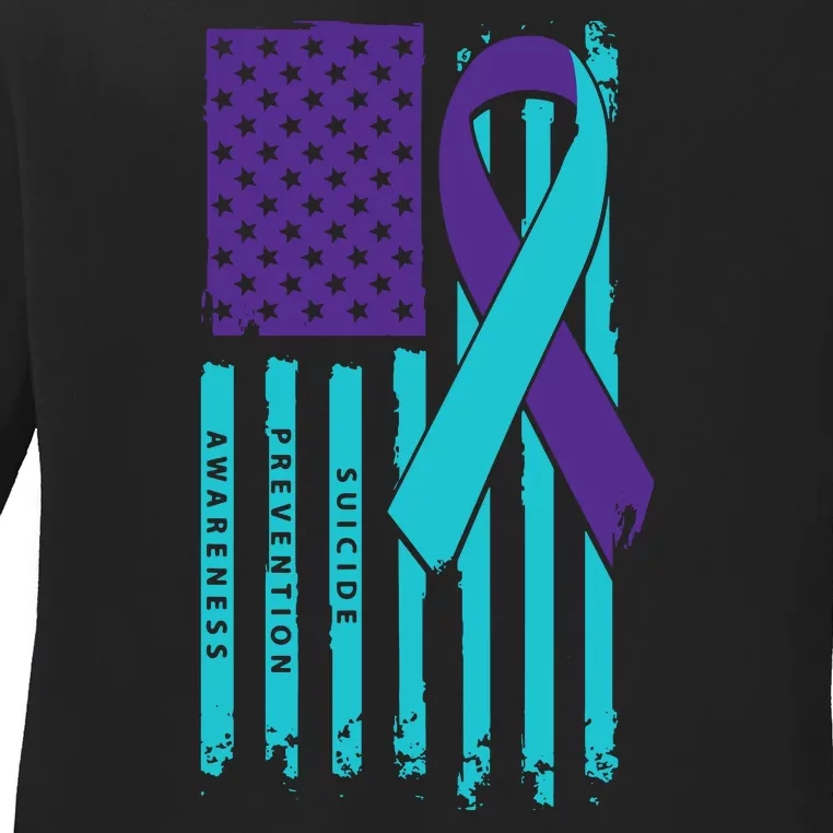 American Flag Ribbon Suicide Awareness Ladies Long Sleeve Shirt