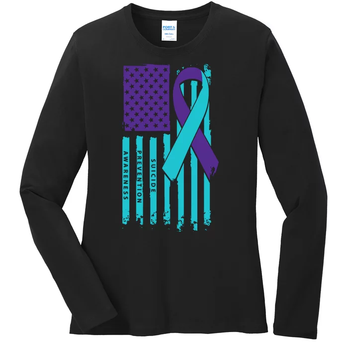 American Flag Ribbon Suicide Awareness Ladies Long Sleeve Shirt