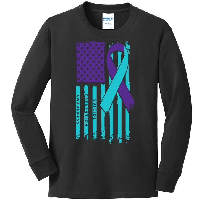 American Flag Ribbon Suicide Awareness Kids Long Sleeve Shirt