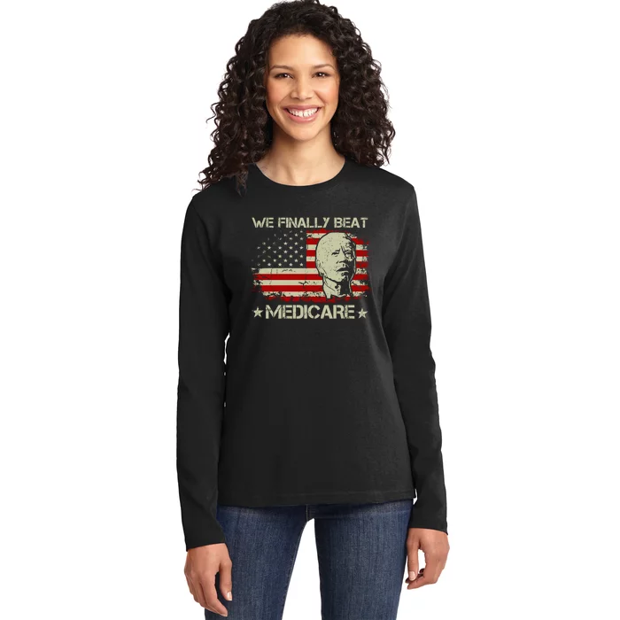 American Flag Retro We Finally Beat Medicare Funny Biden Ladies Long Sleeve Shirt