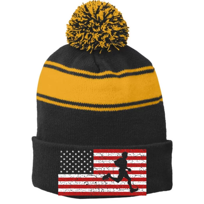 American Flag Running Runner Gift Stripe Pom Pom Beanie