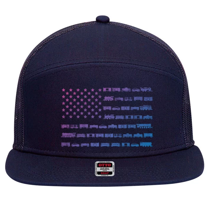 American Flag Railroad Train Conductor Gift 7 Panel Mesh Trucker Snapback Hat