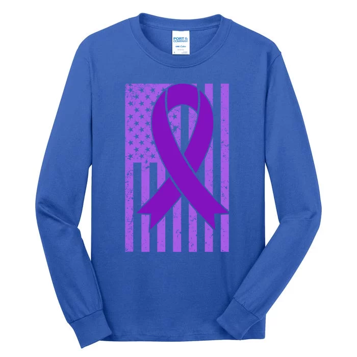 American Flag Ribbon Purple Sarcoidosis Awareness Great Gift Tall Long Sleeve T-Shirt