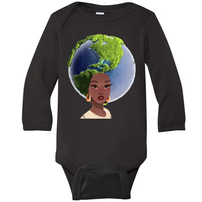 African American Afro World Earth Baby Long Sleeve Bodysuit