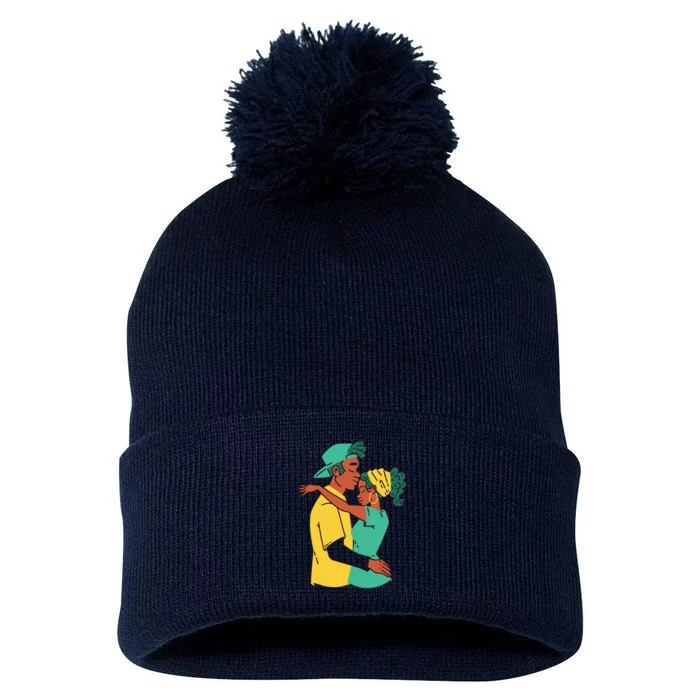 African American Couple Pom Pom 12in Knit Beanie