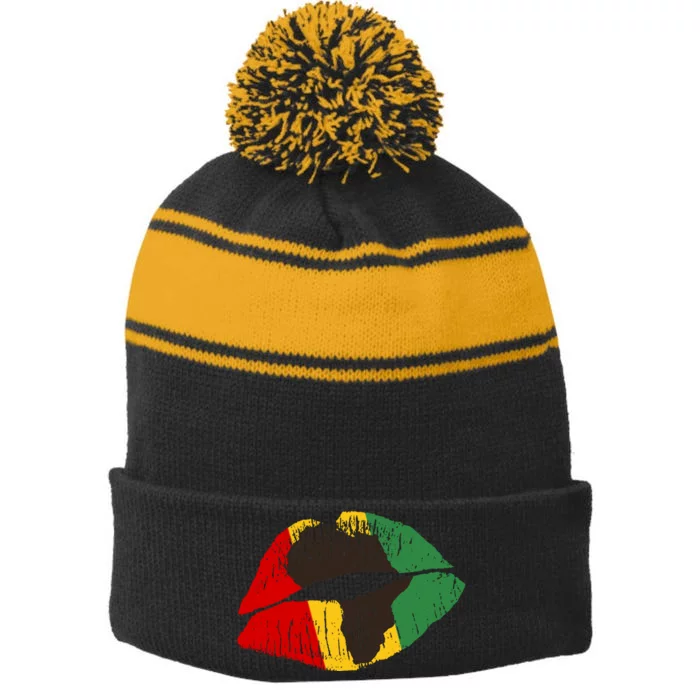 African Colors Lipstick Print Stripe Pom Pom Beanie