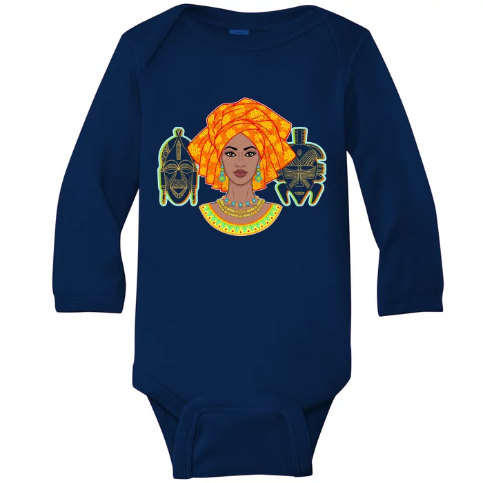 African Woman With Tribal Masks Baby Long Sleeve Bodysuit