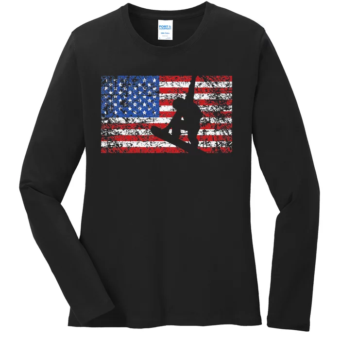 American Flag Snowboarding USA Gift Snowboard Team Ladies Long Sleeve Shirt