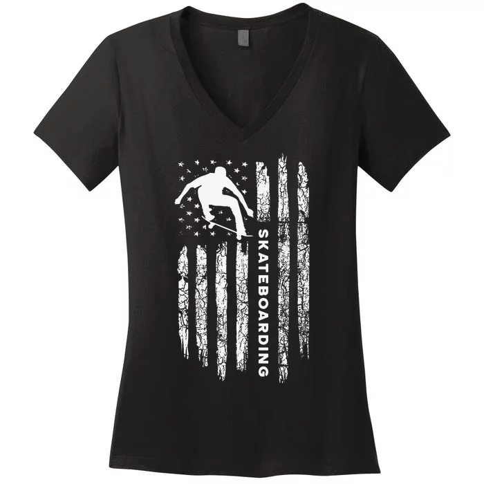 American Flag Skateboard Vintage Skateboarding Women's V-Neck T-Shirt