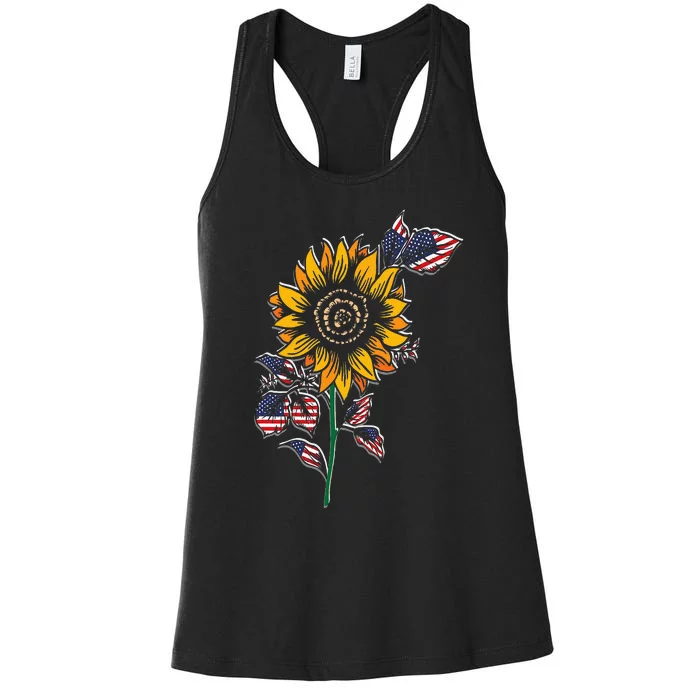 American Flag Sunflower design patriotic USA flag sunflower Women's Racerback Tank