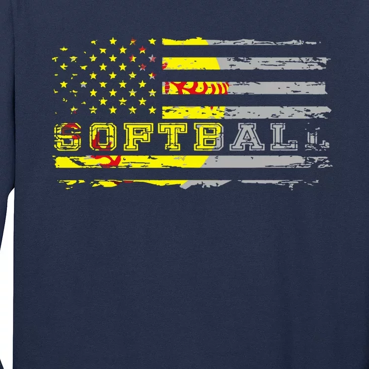 American Flag Softball Fan Team Distressed Gift Long Sleeve Shirt