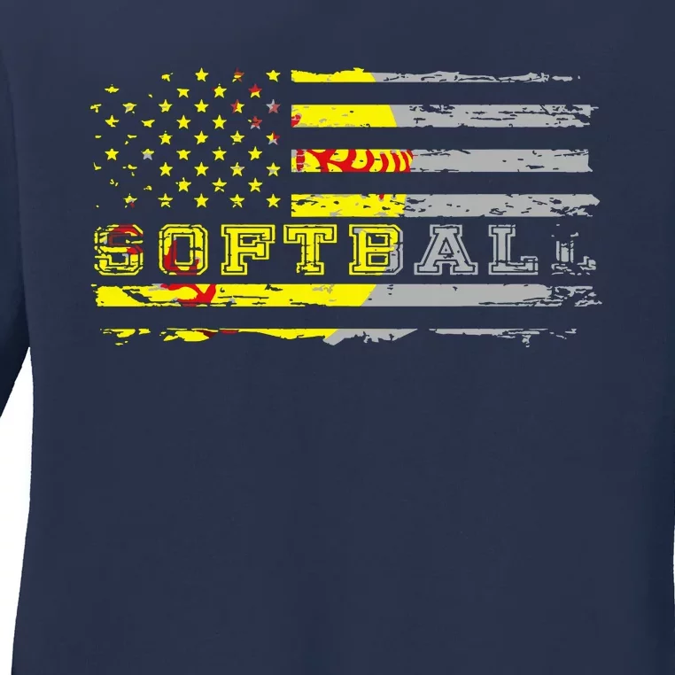 American Flag Softball Fan Team Distressed Gift Ladies Long Sleeve Shirt