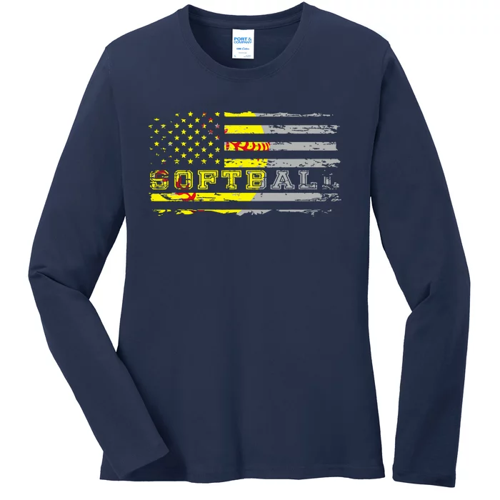 American Flag Softball Fan Team Distressed Gift Ladies Long Sleeve Shirt