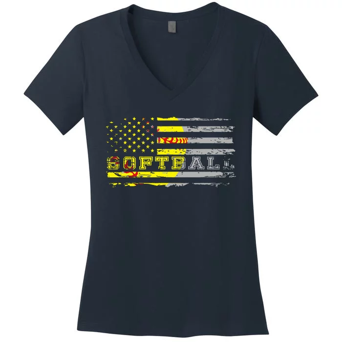 American Flag Softball Fan Team Distressed Gift Women's V-Neck T-Shirt