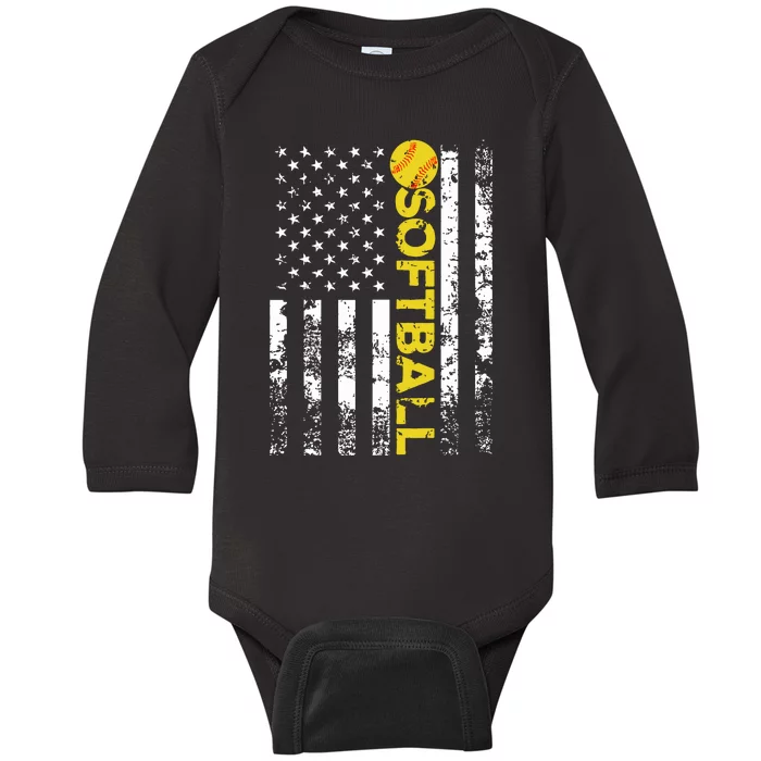 American Flag Softball Team Gift Baby Long Sleeve Bodysuit