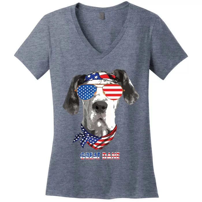 American Flag Shirts Great Dane Dog Lover Gifts Women's V-Neck T-Shirt