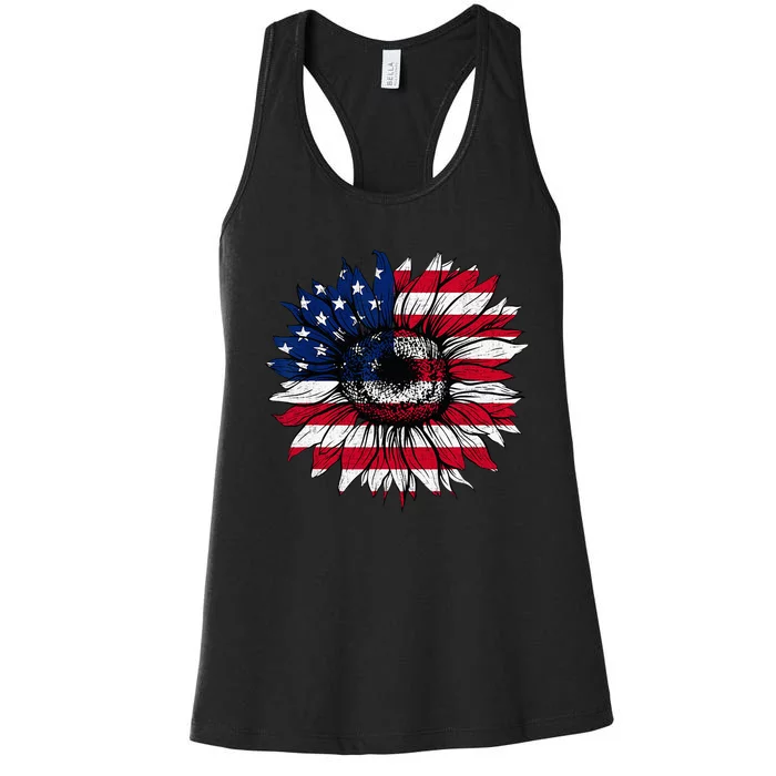 American Flag Sunflower 4th of July Independence USA Day Women's Racerback Tank