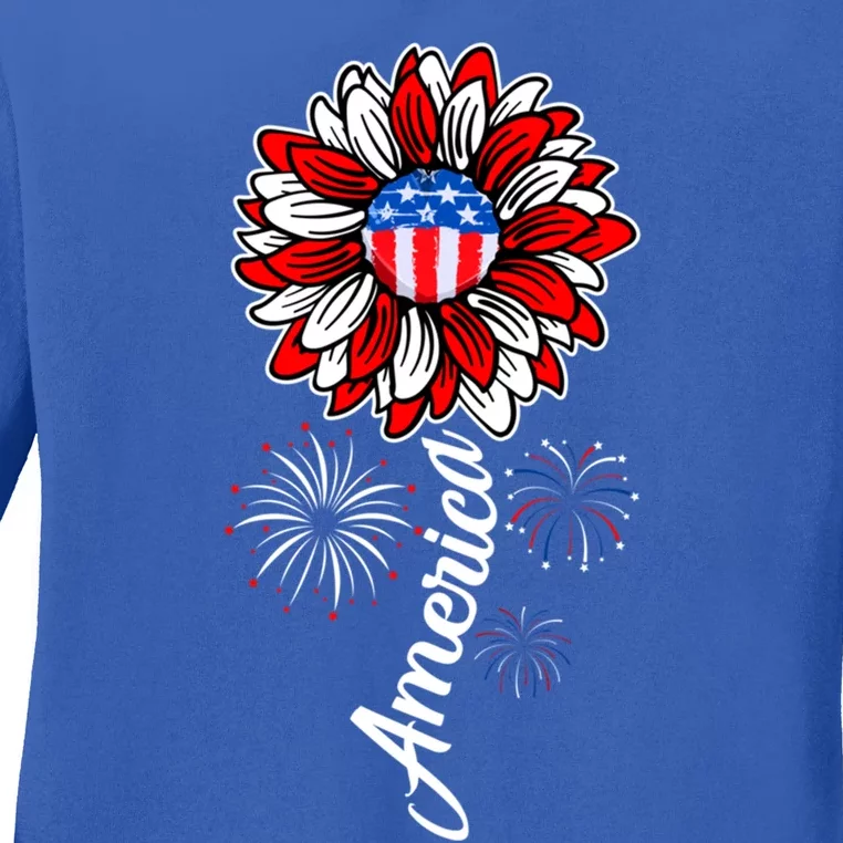 America Flag Sunflower 4th Of July Funny Mom Dad Gift Ladies Long Sleeve Shirt