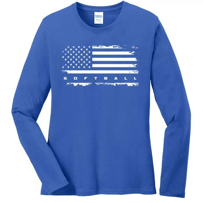 American Flag Softball Gift Softball Funny Gift Ladies Long Sleeve Shirt