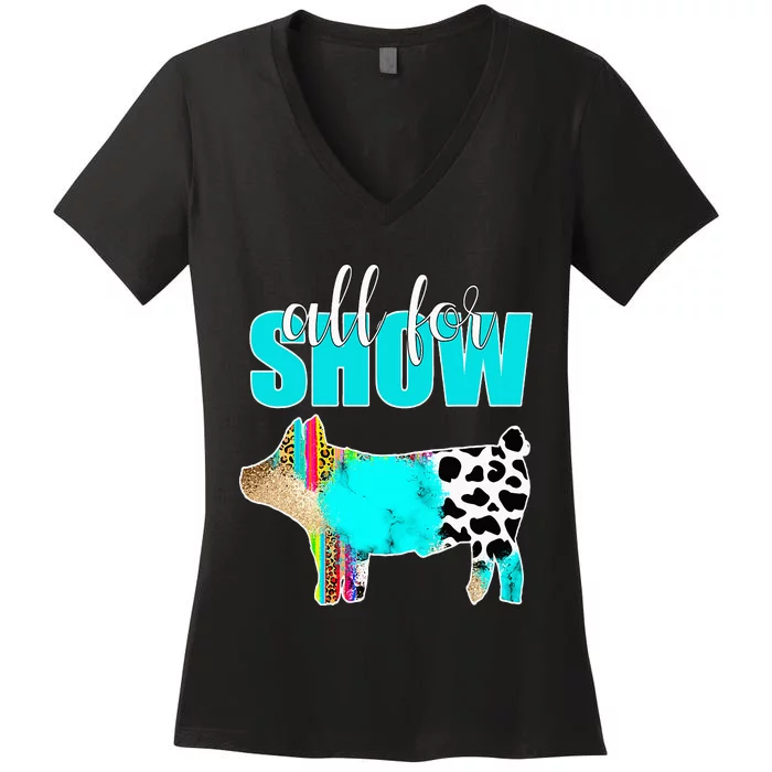 All For Show Livestock Pig Swine Cow Print Serape Turquoise Women's V-Neck T-Shirt