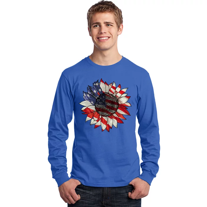 American Flag Sunflower 4th Of July Long Sleeve Shirt