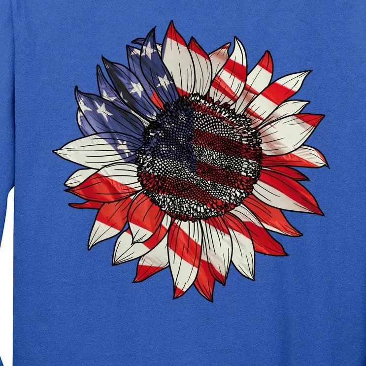 American Flag Sunflower 4th Of July Long Sleeve Shirt