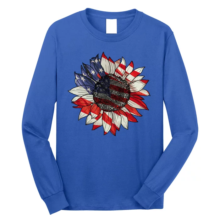 American Flag Sunflower 4th Of July Long Sleeve Shirt