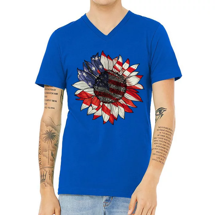 American Flag Sunflower 4th Of July V-Neck T-Shirt