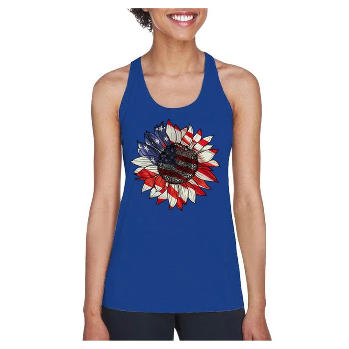 American Flag Sunflower 4th Of July Women's Racerback Tank