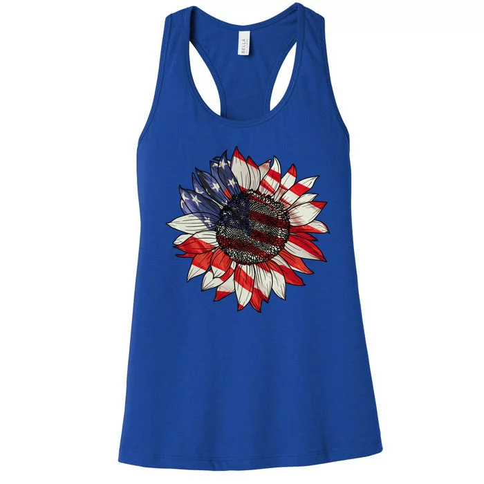 American Flag Sunflower 4th Of July Women's Racerback Tank