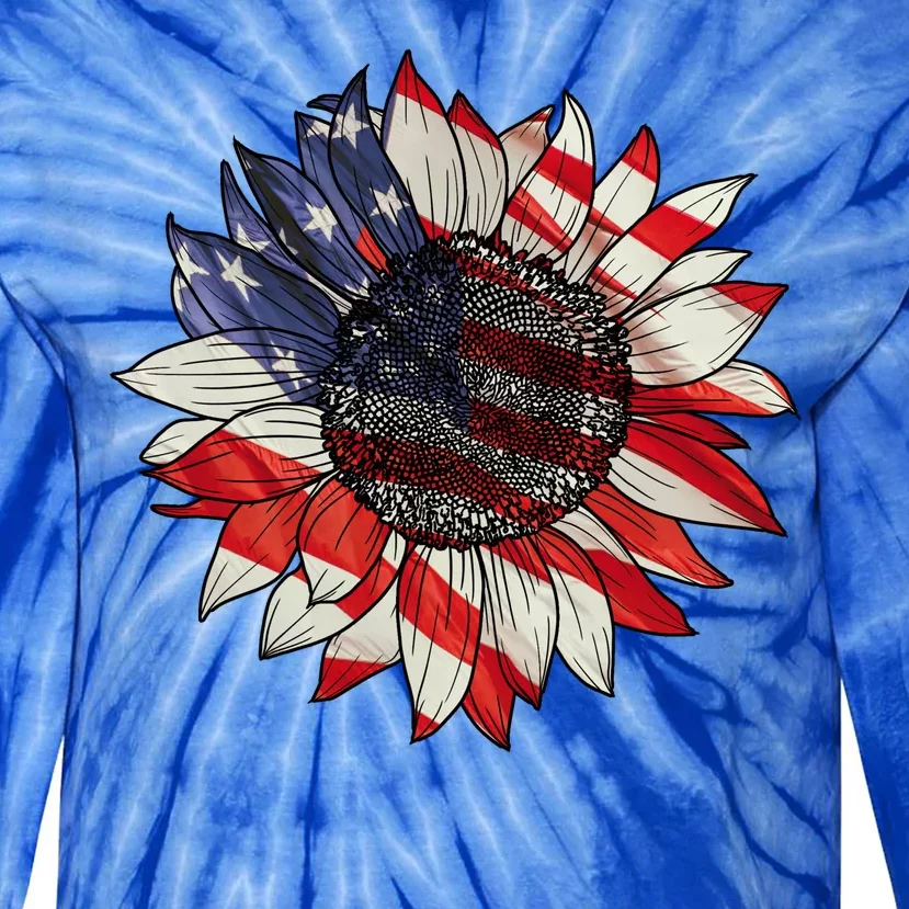 American Flag Sunflower 4th Of July Tie-Dye Long Sleeve Shirt