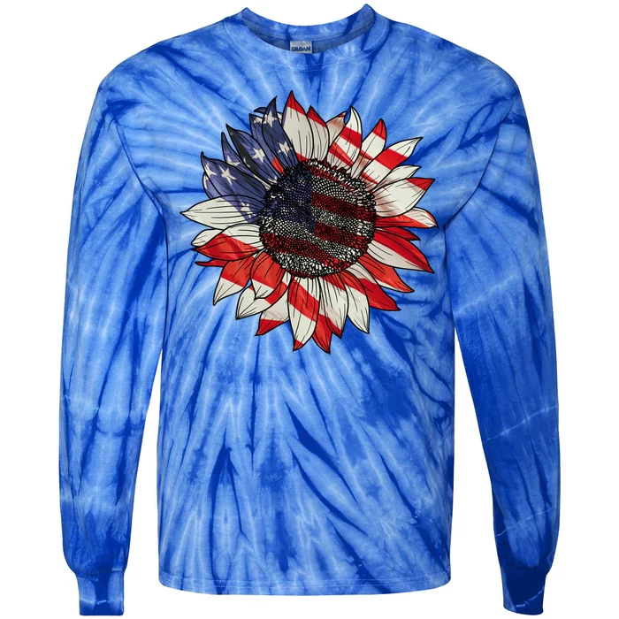 American Flag Sunflower 4th Of July Tie-Dye Long Sleeve Shirt