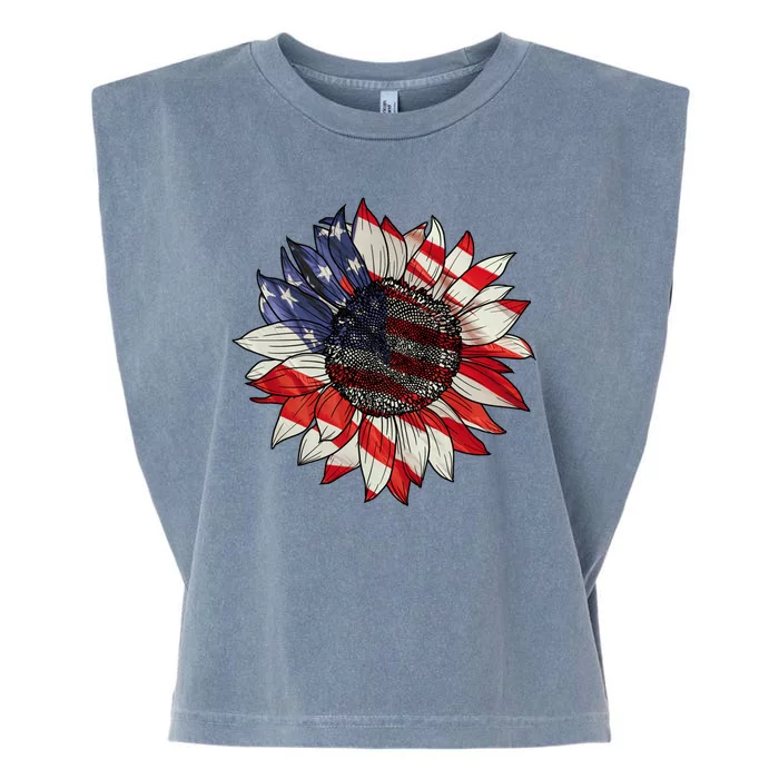 American Flag Sunflower 4th Of July Garment-Dyed Women's Muscle Tee