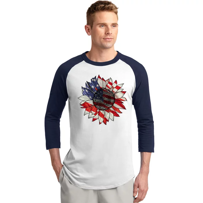 American Flag Sunflower 4th Of July Baseball Sleeve Shirt