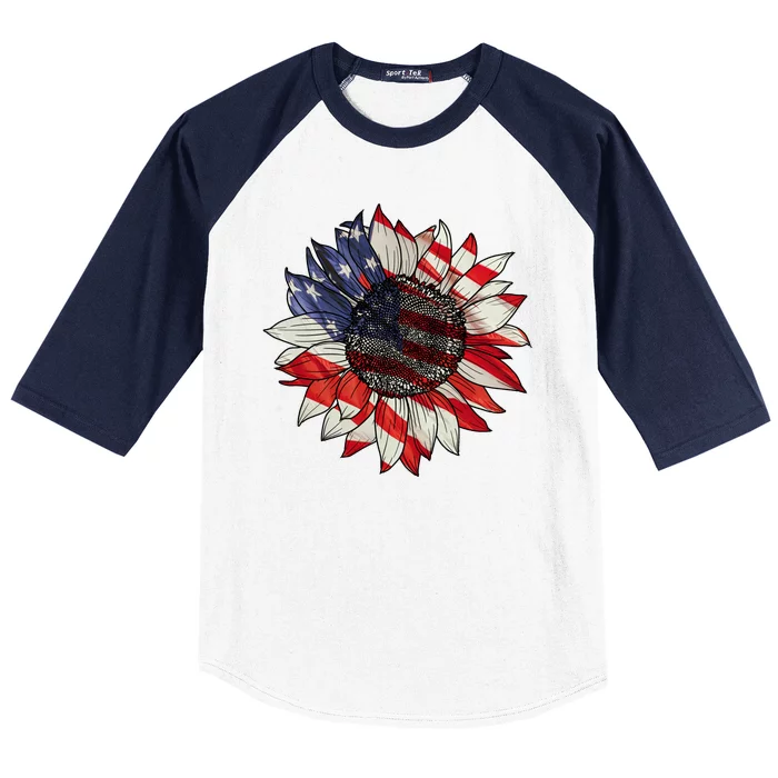 American Flag Sunflower 4th Of July Baseball Sleeve Shirt