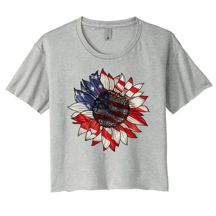 American Flag Sunflower 4th Of July Women's Crop Top Tee