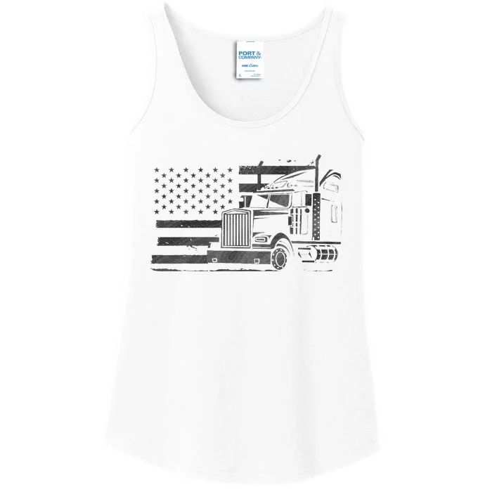 American Flag Semi Truck Driver 18 Wheeler Patriotic Trucker Ladies Essential Tank