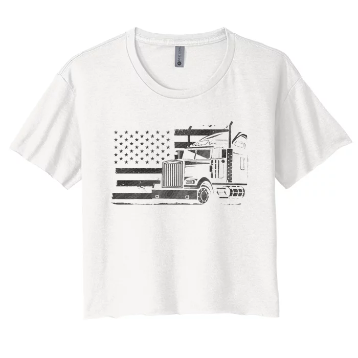 American Flag Semi Truck Driver 18 Wheeler Patriotic Trucker Women's Crop Top Tee