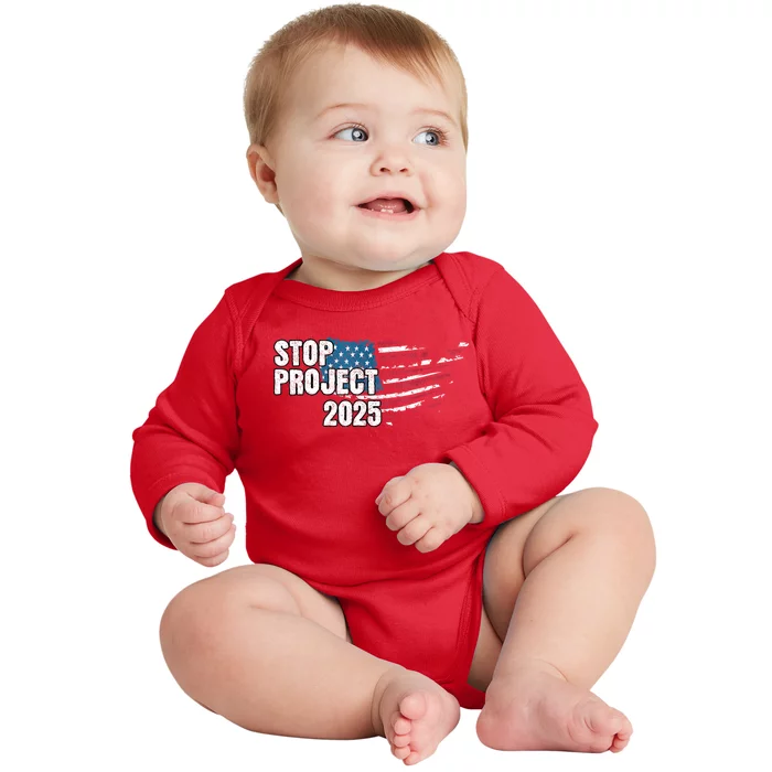 American Flag Stop Project 2025 Anti Trump Baby Long Sleeve Bodysuit