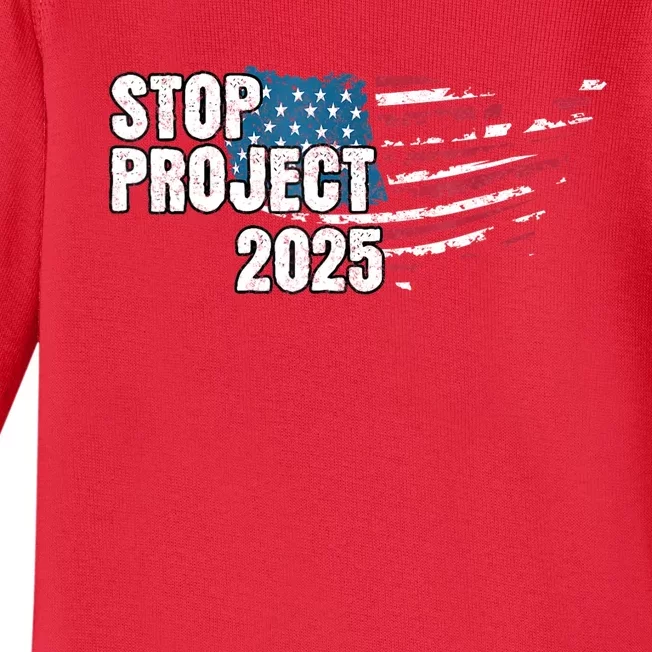 American Flag Stop Project 2025 Anti Trump Baby Long Sleeve Bodysuit