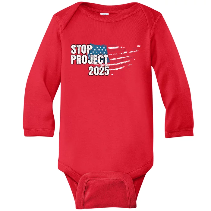 American Flag Stop Project 2025 Anti Trump Baby Long Sleeve Bodysuit