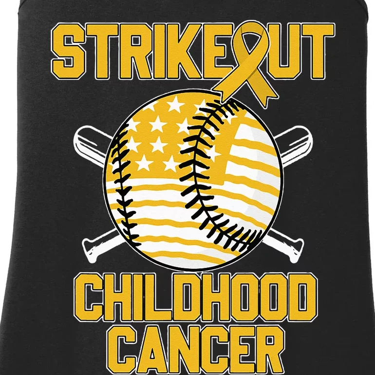 American Flag Strikeout Childhood Cancer Baseball Ladies Essential Tank