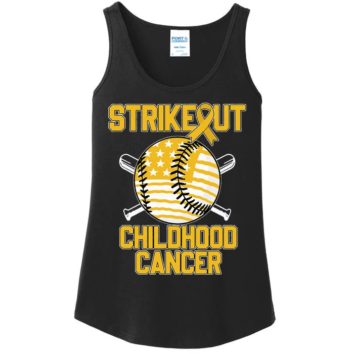 American Flag Strikeout Childhood Cancer Baseball Ladies Essential Tank