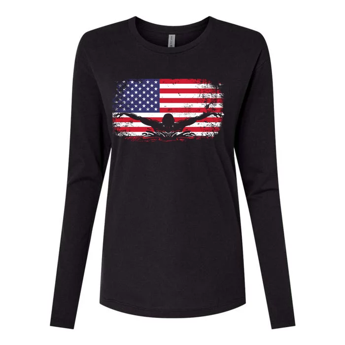 American Flag Swimming USA Womens Cotton Relaxed Long Sleeve T-Shirt