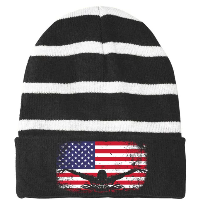 American Flag Swimming USA Striped Beanie with Solid Band