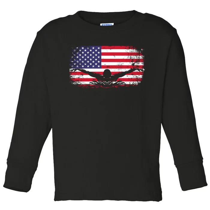 American Flag Swimming USA Toddler Long Sleeve Shirt