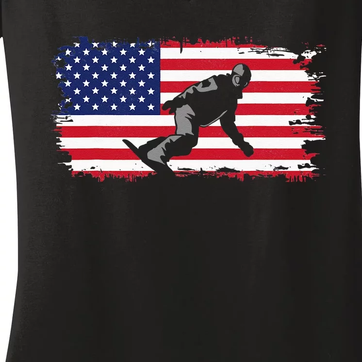 American Flag Snowboard Snowboarding Snowboard Women's V-Neck T-Shirt